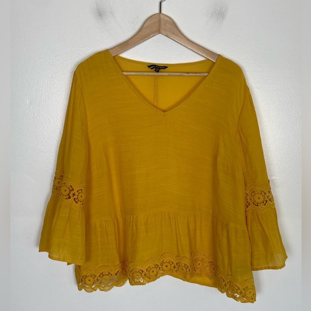 Unique Spectrum Tunic Top Plus Size XL Yellow Bell Sleeve V-Neck Lace Trim Gauzy